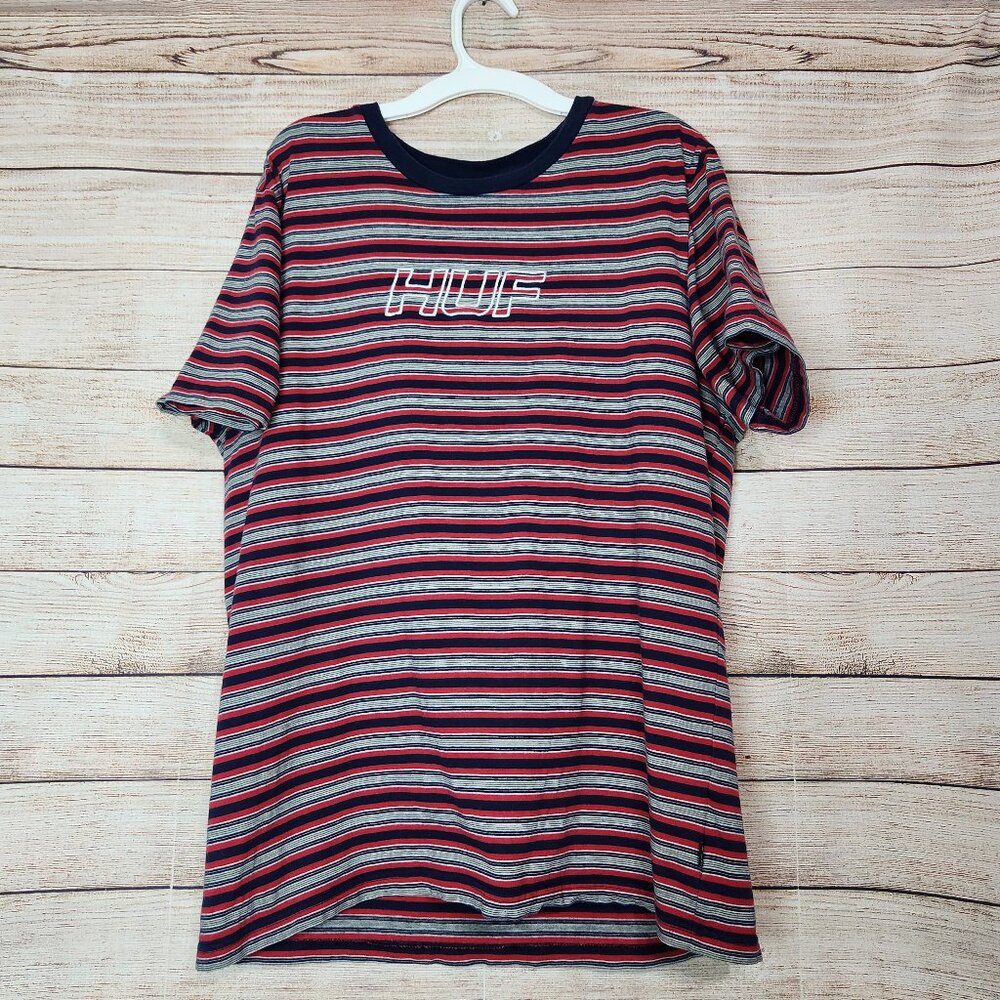 Huf Worldwide Striped Navy Blue Crewneck  T Shirt Size Men's Large Excellent